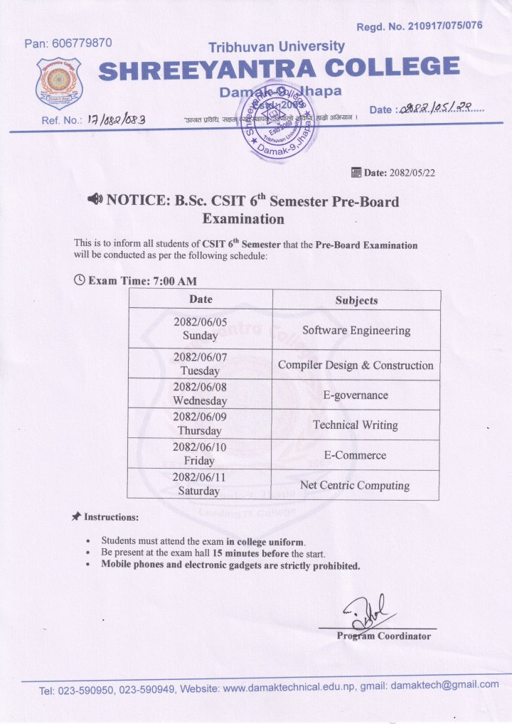 B.Sc. CSIT 6th Semester Pre-Board Examination