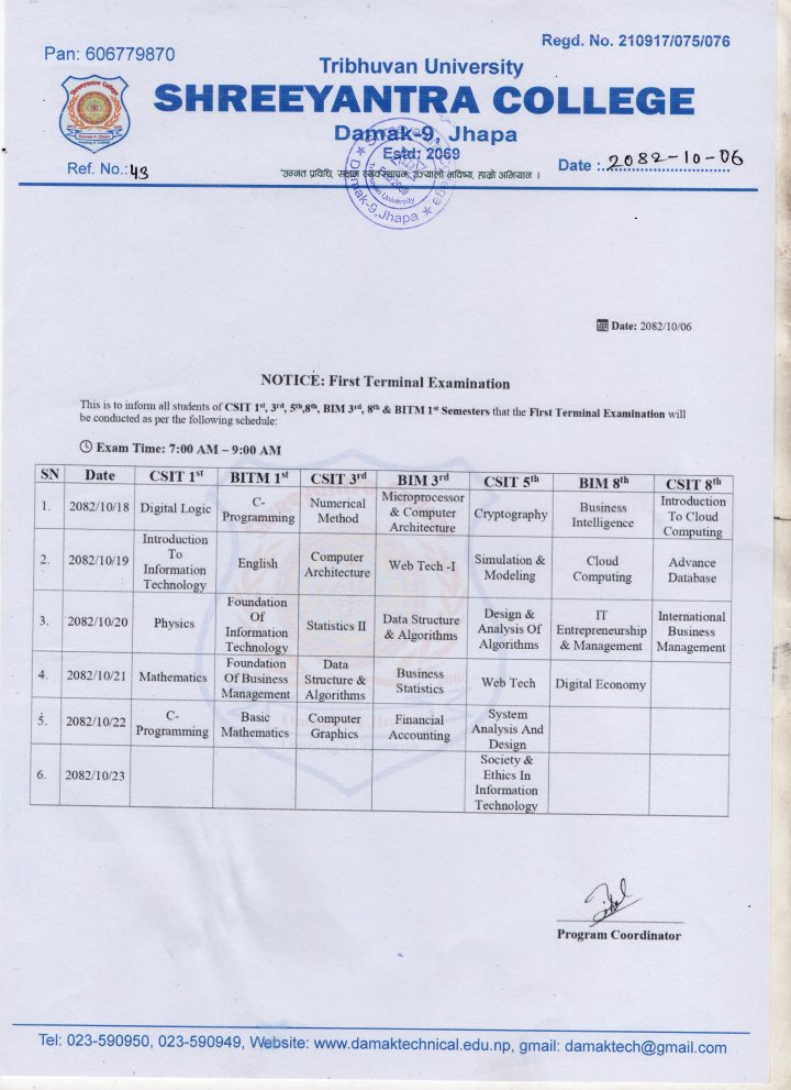 Notice For Examination