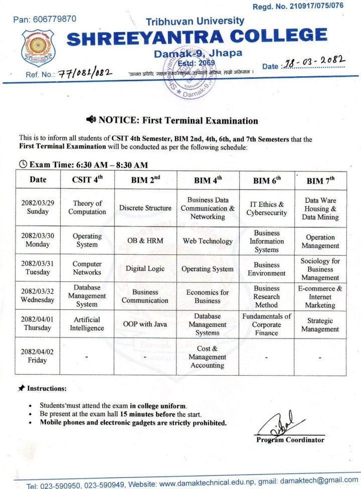 Examination Notice