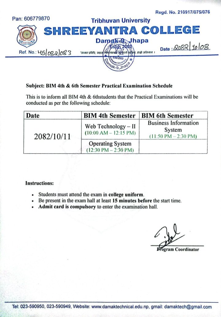 BIM 4th & 6th Semester Practical Examination Schedule
