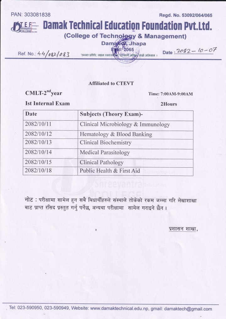 CMLT-2nd year   Ist Internal Exam