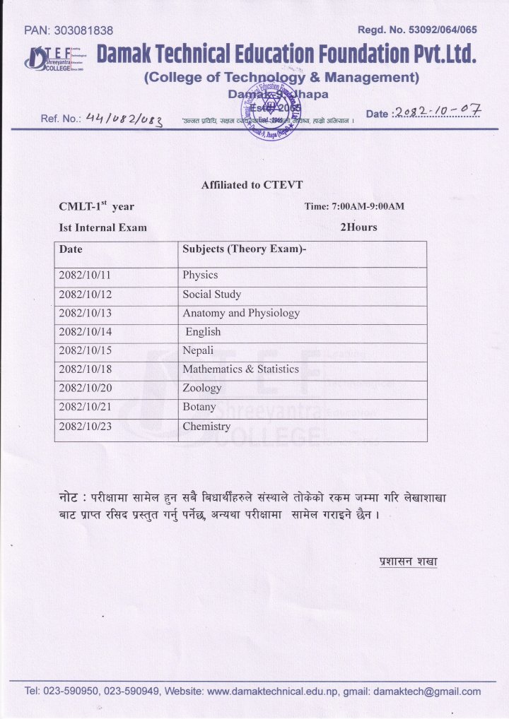 CMLT-1st year    Ist Internal Exam