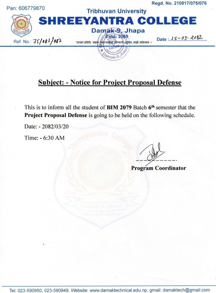 Notice for Project Proposal Defense
