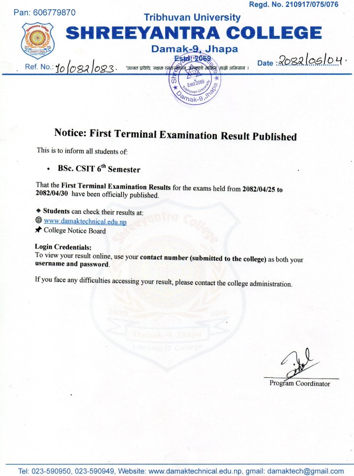 First Terminal Examination Result Published
