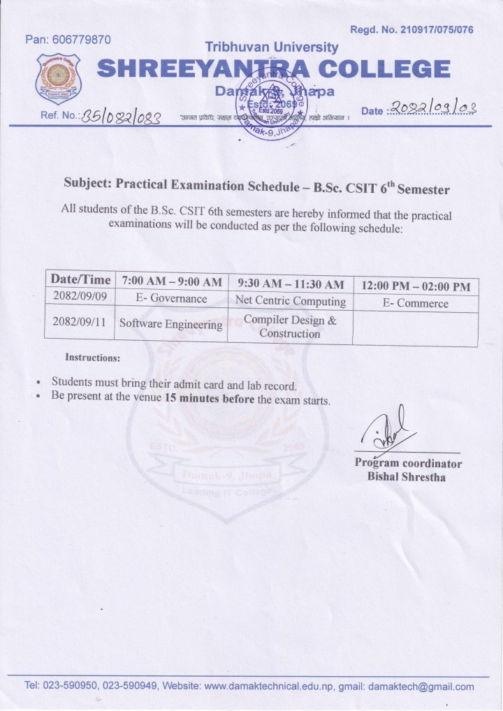Practical Examination Schedule - B.Sc. CSIT 6th Semester